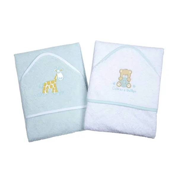 Set of 2 Baby Bath Towels – Aqua and White with Cute Animal Appliques