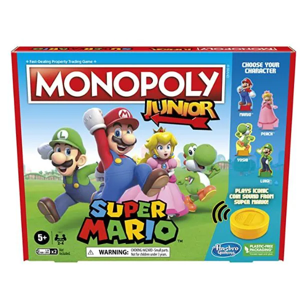 Monopoly Junior Super Mario Edition Board Game, Fun Kids’ Game Ages 5 and Up, Explore The Mushroom Kingdom as Mario, Peach, Yoshi, or Luigi (Amazon Exclusive)