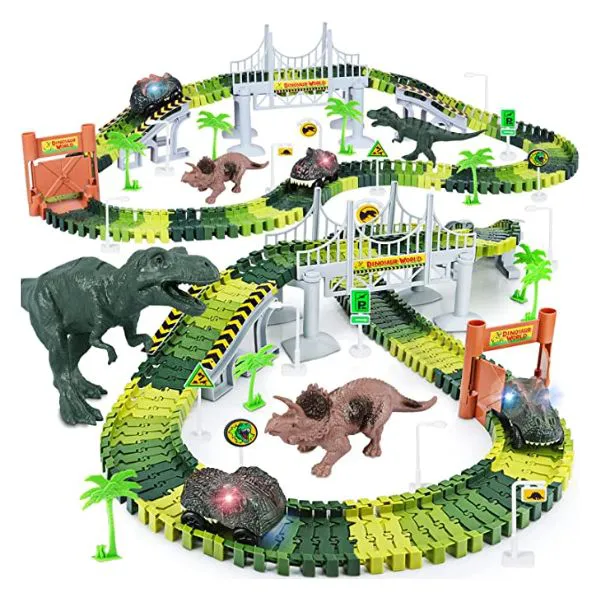 Dinosaur Toys,Create A Dinosaur World Road Race,Flexible Track Playset and 2 pcs Cool Dinosaur car for 3 4 5 6 Year & Up Old boy Girls Best Gift