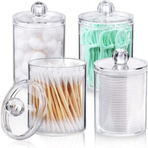AOZITA 4 Pack Qtip Holder Dispenser for Cotton Ball, Cotton Swab, Cotton Round Pads, Floss – 10 oz Clear Plastic Apothecary Jar Set for Bathroom Canister Storage Organization, Vanity Makeup Organizer