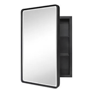 TEHOME Farmhouse Black Metal Framed Recessed Bathroom Medicine Cabinet with Mirror Rounded Rectangle Tilting Beveled Vanity Mirros for Wall 16×24 inch