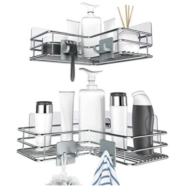 Nieifi Adhesive Corner Shower Caddy Shelf Basket Rack with Hooks, Rust Proof Stainless Steel Bathroom Shelf Shampoo Holder No Drilling 2 Pack