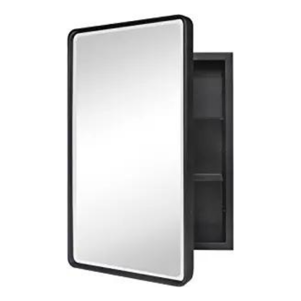 TEHOME Farmhouse Black Metal Framed Recessed Bathroom Medicine Cabinet with Mirror Rounded Rectangle Tilting Beveled Vanity Mirros for Wall 16×24 inch